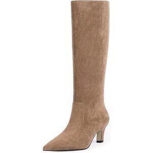 Women's Tan Suede Pointed Toe Kitten Low Heel Faux Leather Fall Long Boots